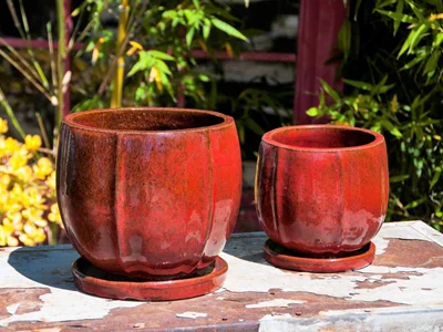 Eggplant Planter Attached Saucer, Tropical Red - 14" X 13.5"